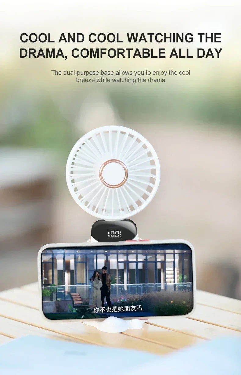 Portable Handheld Mini Fan Foldable Neck Hanging Fans 1800mAh 5 Speed USB Rechargeable Fan with Phone Stand and Display Screen