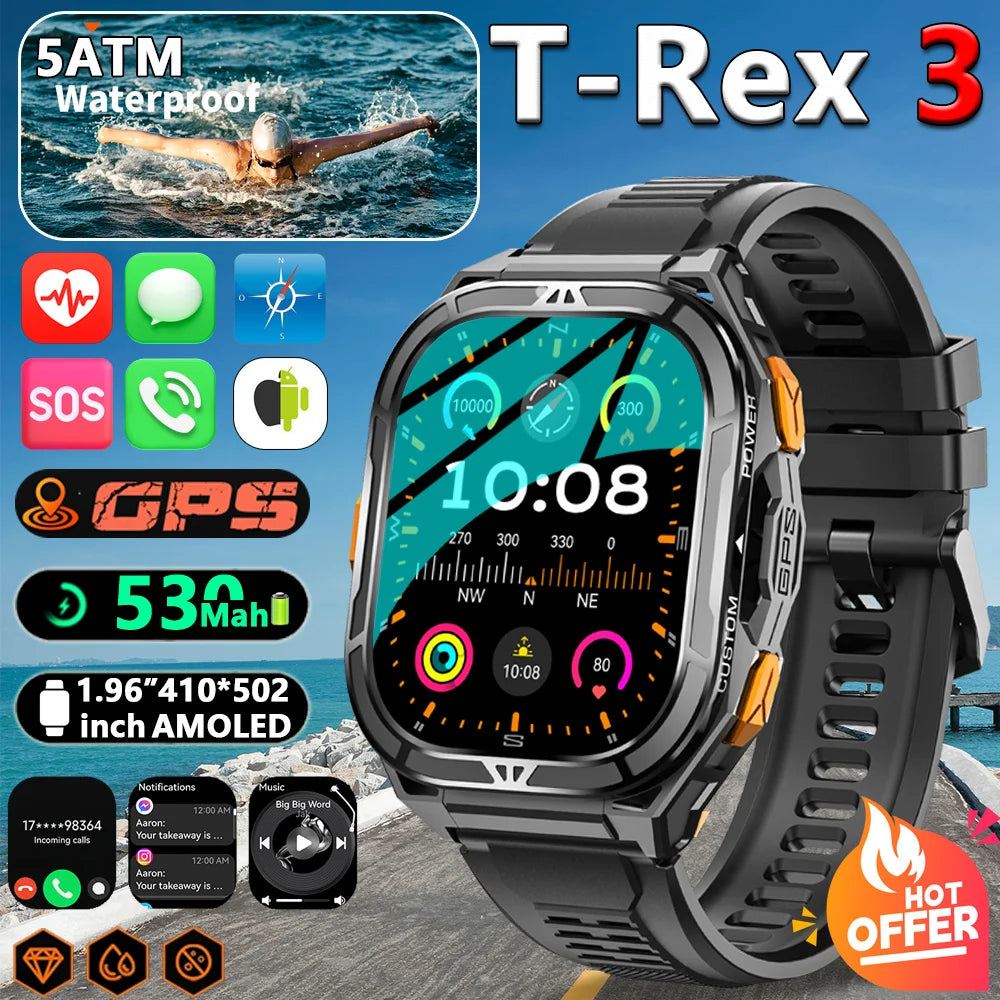 2025 NEW TANK X5 Smartwatch 5ATM Waterproof GPS Dual-Frequency tracking 1.96" AMOLED 530mAh Compass 170+ Sports Fitness Tracker