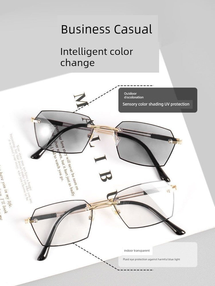 Frameless Business Color-Changing Reading Glasses Men Middle-Aged and Elderly HD Anti-Blue Ray Radiation Indoor and Outdoor Dual-Use Presbyopic Glasses