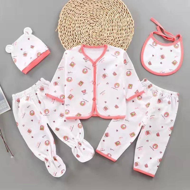 5Pcs/Set Newborn Baby Girl Clothes Set Cotton Soft Underwear Infant Boy Outfit Children Girl Top+2Pant+Bib+Hat Toddler Clothing