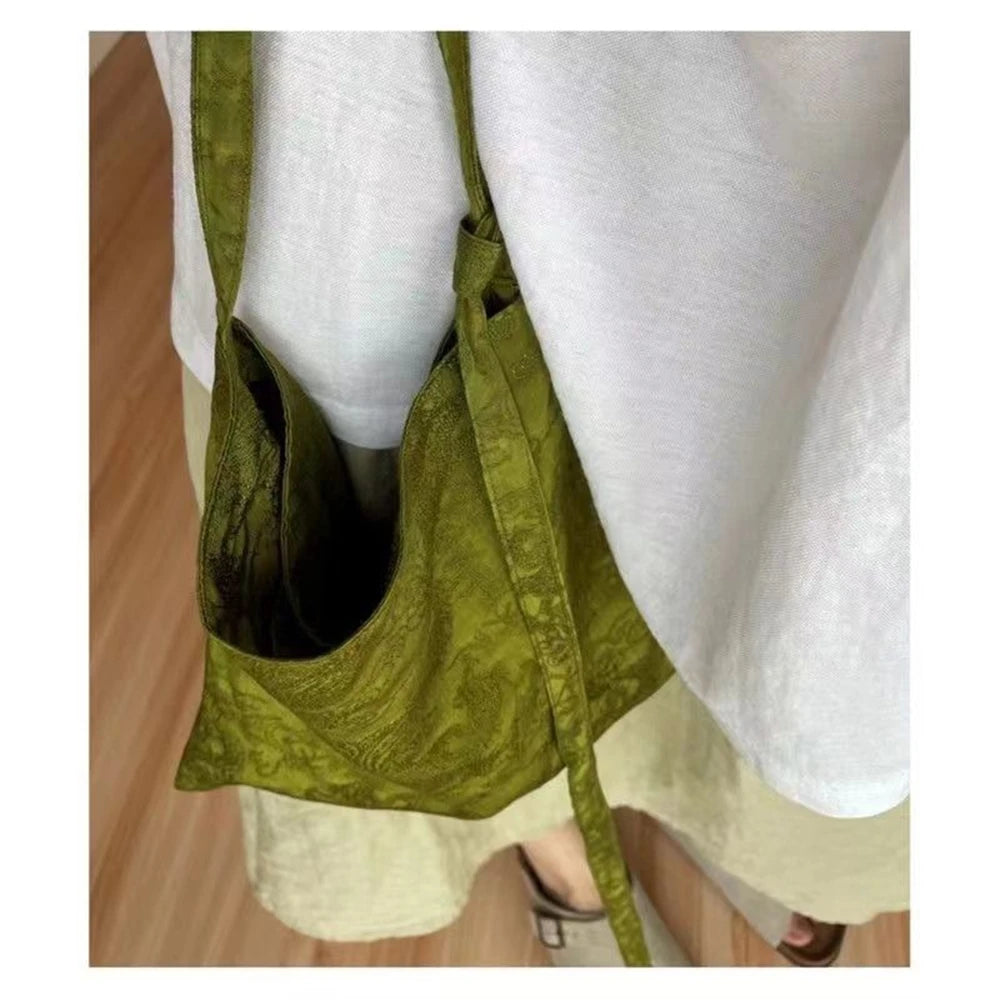 Women Handbag Totes Vintage Jacquard Silk Sati Linen Underarm Bag Portable Knot Wrist Bag Adjustable Pu Crossbody Travel Bag