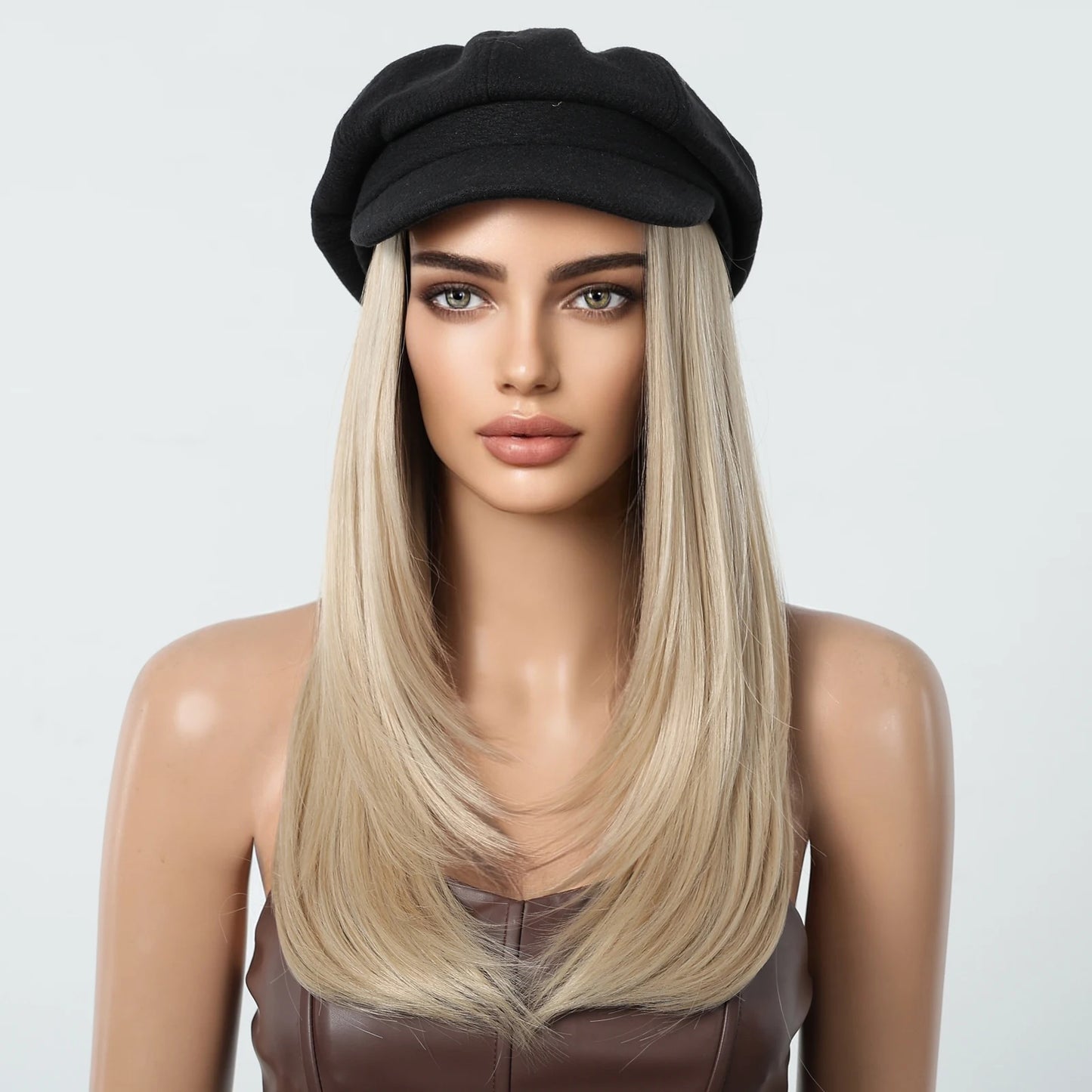 Hat Wig Blonde Hair Extension with Cap Synthetic Hair Layered Straight Wig for Women Daily Natural Heat Resistant Easy to Use