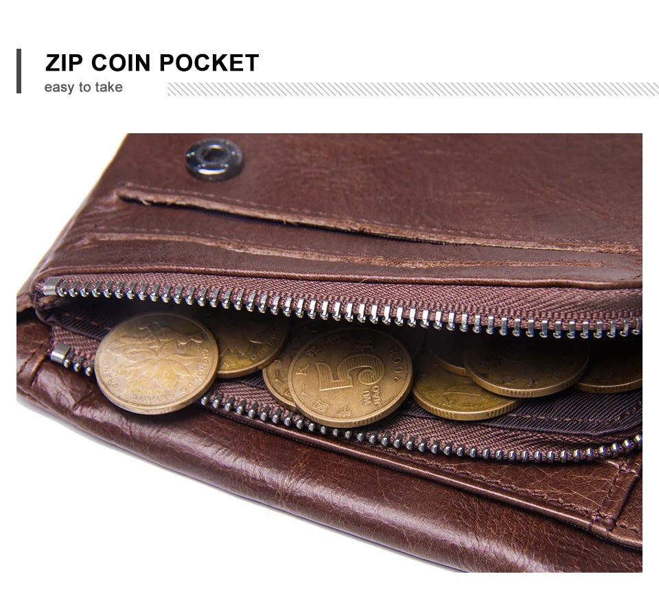 CONTACT'S Genuine Leather Men Wallet Vintage Trifold Hasp Wallet Zipper Coin Purse Card Holder Money Clip Men's Wallets