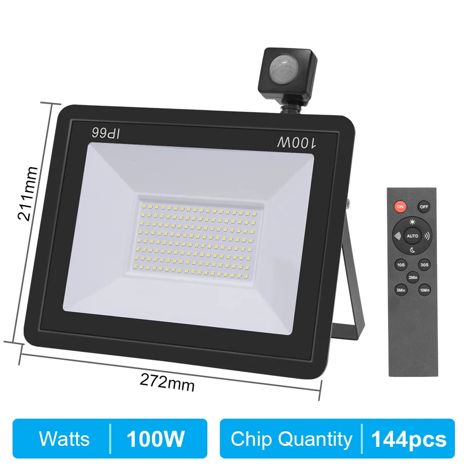 Outdoor LED Floodlight PIR Sensor 10W 20W 30W 50W 100W Cold White IP66 AC220V Garden/Street Reflector Spotlight with IR Remote