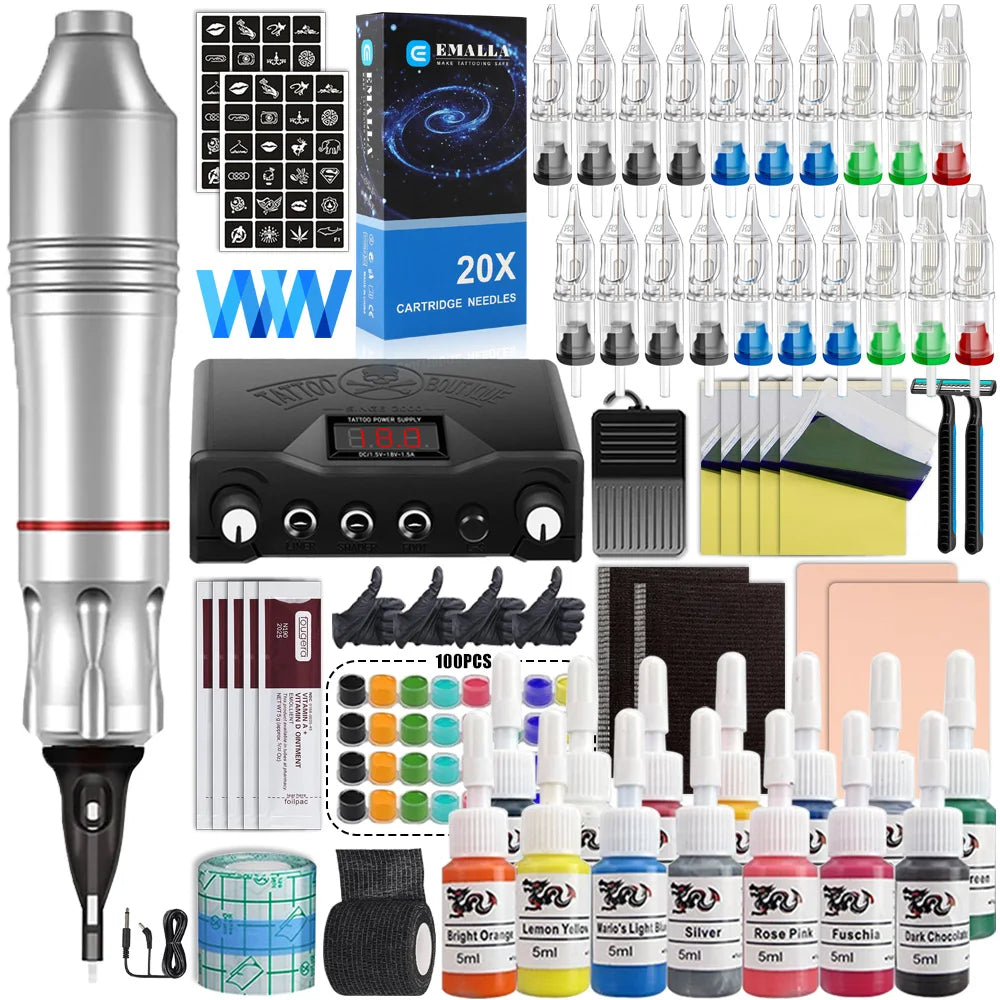 Professional Tattoo Machine Pen Kit with Cartridge Needles Power Supply Tattoo Inks Rotary Tattoo Pen Set for Beginners Body Art