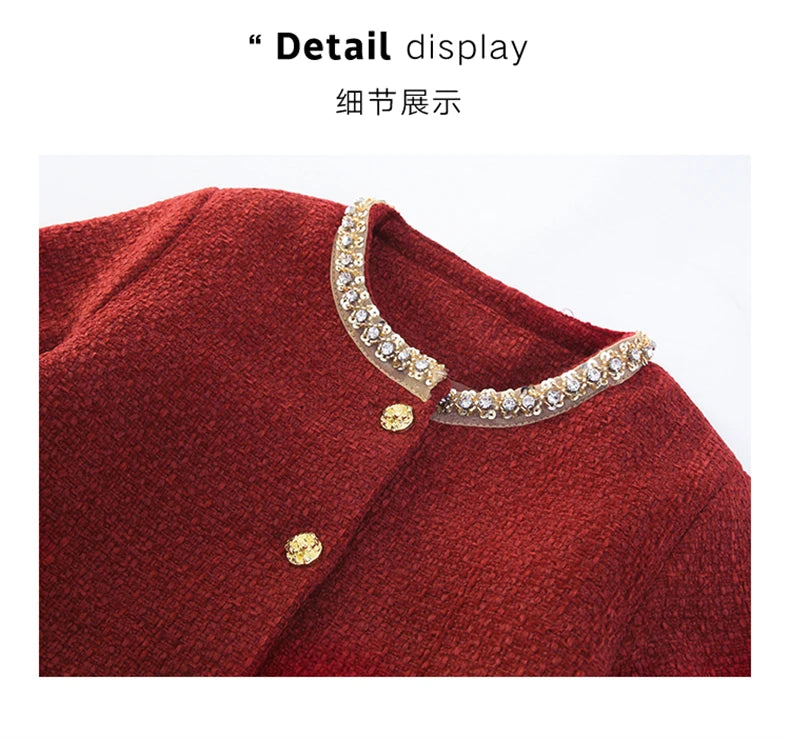 design winter teen girl clothes set beaded round neck jacket+Pleated skirt 2pcs Christma junior children outfit kids suit 4-14