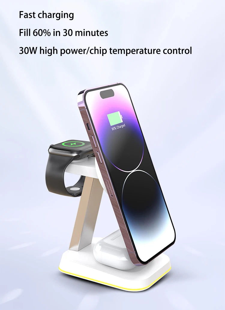3 in 1 30W Smart Watch Earphone for iPhone 17 16 15 14 13 12  Fast Universal Magnetic Phone Stand Wireless Charger StationHolder