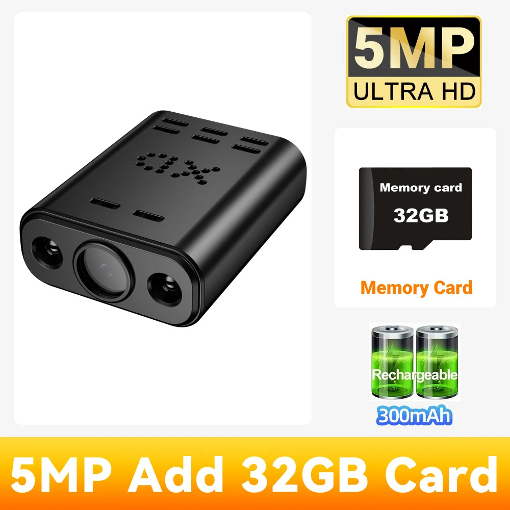 PEGATAH 5MP HD Mini WIFI Body Camera Built-in Battery Human Tracking IP Remote Monitoring IR Night Vision Protable Camcorders