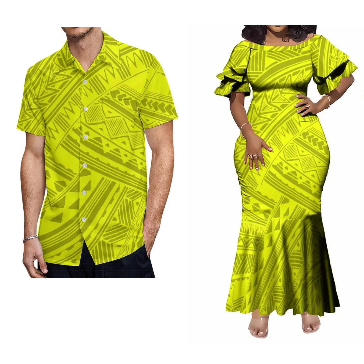 Custom Polynesian Tribal Couple Set Samoan Women'S Temperament Slim Dress Women'S Mermaid Maxi Skirt Men'S Shirt