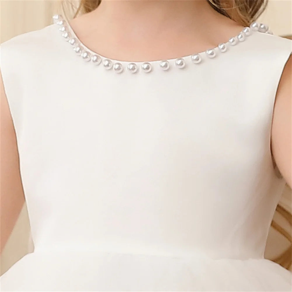 Toddler Girl Flower Birthday Tulle Pearl Dress Backless Bow Wedding Gown Baby Girl Bowknot Dresses Kid Party Wear Princess Dress
