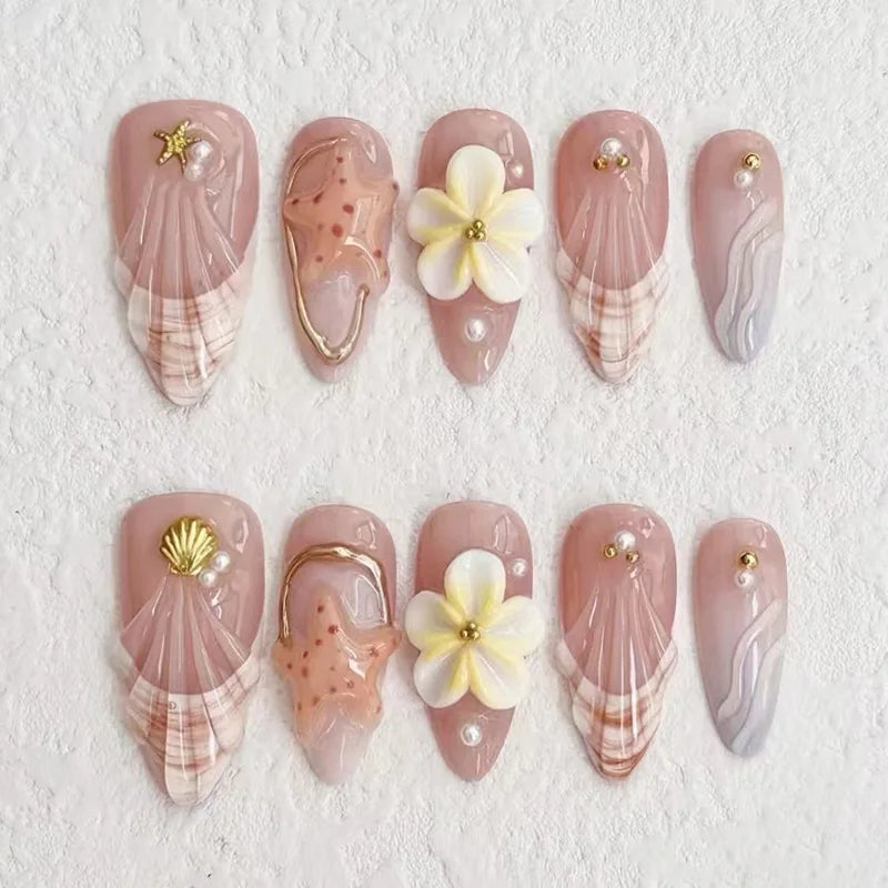 24pcs Long Almond False Nails with Flower Pearl Rhinestone Design Fake Nails Leopard Print Press on Nails Sets Finished Manicure