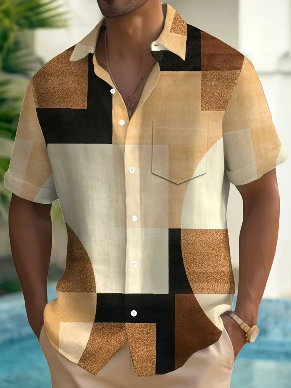 Men's Shirt Geometric Grid 3D Print Short Sleeve Shirts Summer Hawaiian Shirt Casual Outdoor Vacation Lapel Shirt Men's Clothing