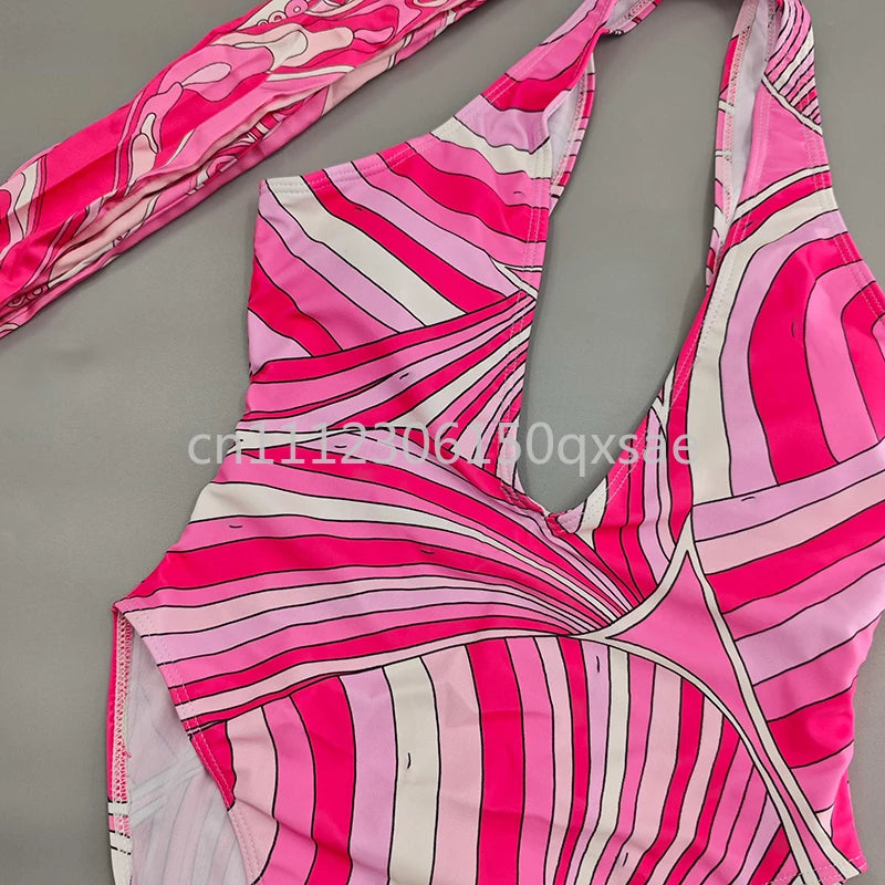 Women's Pink Headband Scarf Swimsuits with Letter Signature Logo Lady Headband Scarf Bikini Sets Beachwear Swimwear