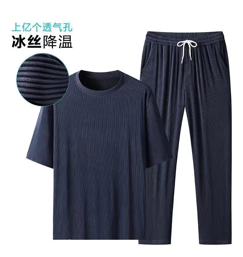 Men's Wrinkled Ice Silk Sports Set 2024 Summer New Short sleeved Long Pants Two piece Set Fashionable, Breathable, and Cool 3