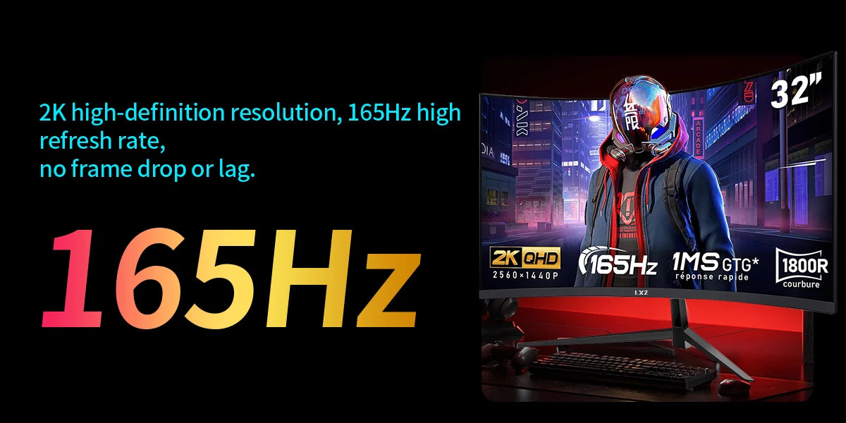 LXZ Curved 32 Inch Gaming Monitor 1800R, 2K QHD 165hz Frameless Display 99% sRGB, 178°Wide Viewing Angle, Display Port HDMI