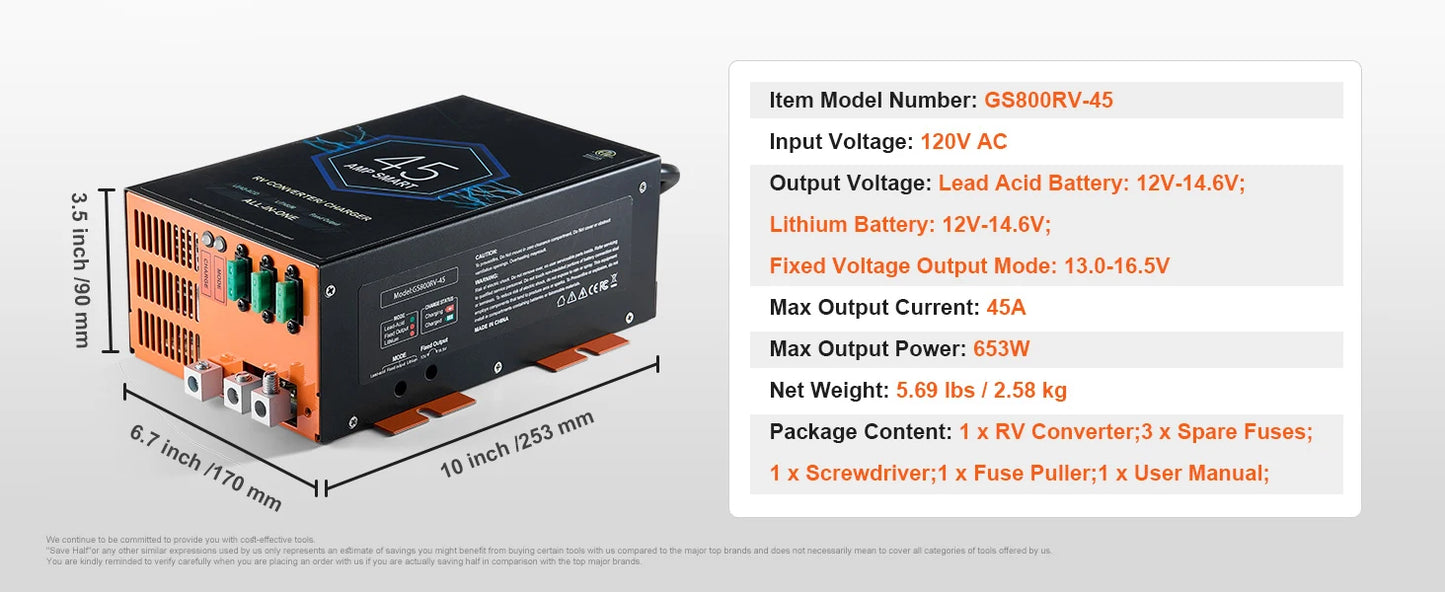 SucceBuy RV Converter 45/55/80Amp 110V AC to 12VDC Battery Charger 4Stage Smart Charging 13V to 16.5V Adjustable Operating Range