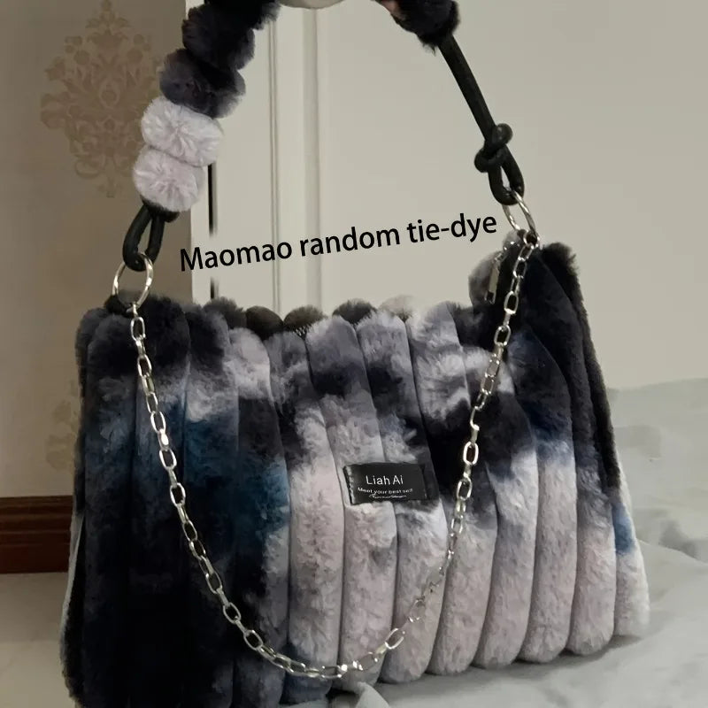 Women's Large Plush Tote Bag with Crossbody/Handheld Carry Soft Striped Plush Exterior Cozy Handbag for, Travel, Everyday Use