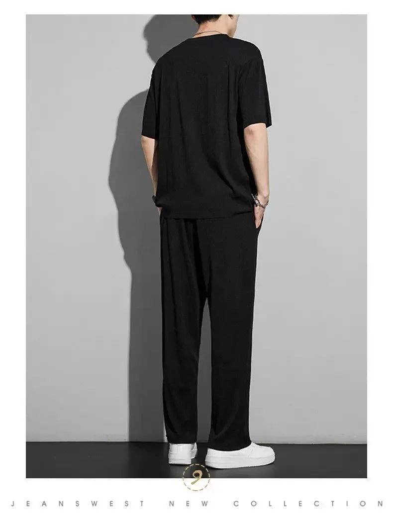 Men's Wrinkled Ice Silk Sports Set 2026 Summer New Short sleeved Long Pants Two piece Set Fashionable Breathable and Cool