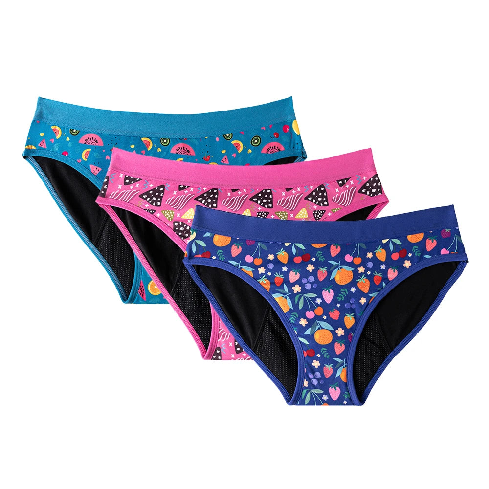 3PCS/Lot Girls Cotton Menstrual Panties For Teenager Printing Fabric Underwear 4-Layers Medium Flow Absorption Panties for Girls