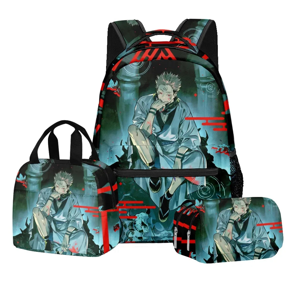 Anime Digital Print Jujutsu Kaisen School Set Large Capacity Backpack Lunch Bag 2-Layer Pencil Case 3-Piece Boy's Gift