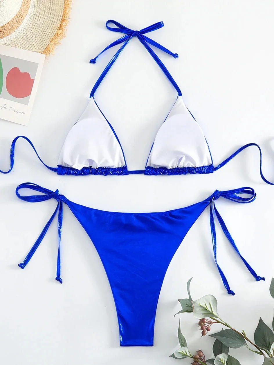 Sexy Metallic Halter Bikinis Sets Lace Up Triangle Tie Side Bikini 2026 Swimsuit Women Swimwear Brazilian Female Bathing Suits