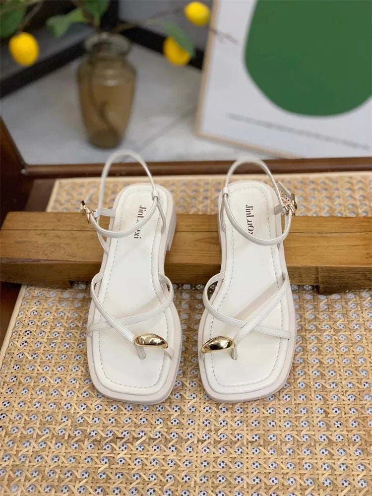 Sandals Women 2024 Summer New Fashion Square Toe Roman Shoes Simple Fairy Strap Women Shoes Flat Casual Shoe Sandalias De Mujer