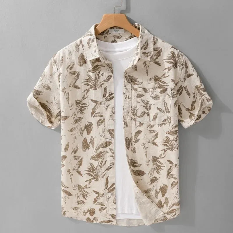 Vacation Leaf Print Linen Blend Short Sleeve Shirt Mens Lapel Casual Breathable Top