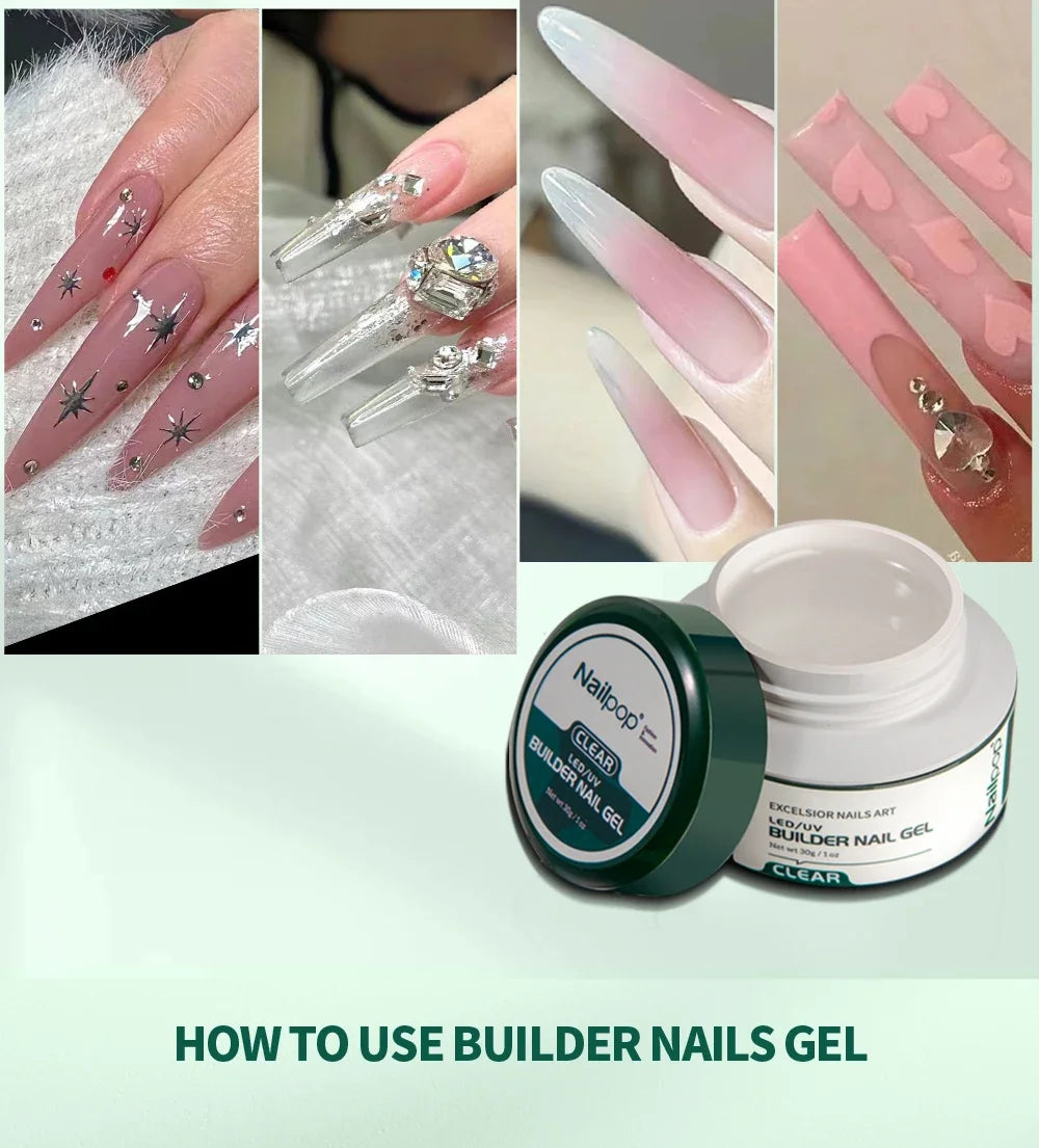NAILPOP Builder Nail Gel Set 3 Basic Colors Nail Extension Kit Clear Nude Pink Strengthen Gel with Brush 100Pcs Nail Forms DIY