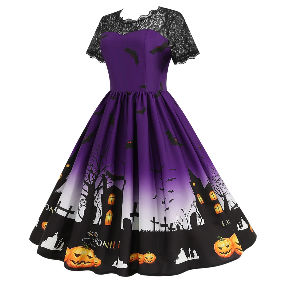 Halloween Gothic Dress Costume - Women's Retro Lace round Neck Short-Sleeved Printed Maxi Dress for Cosplay Party