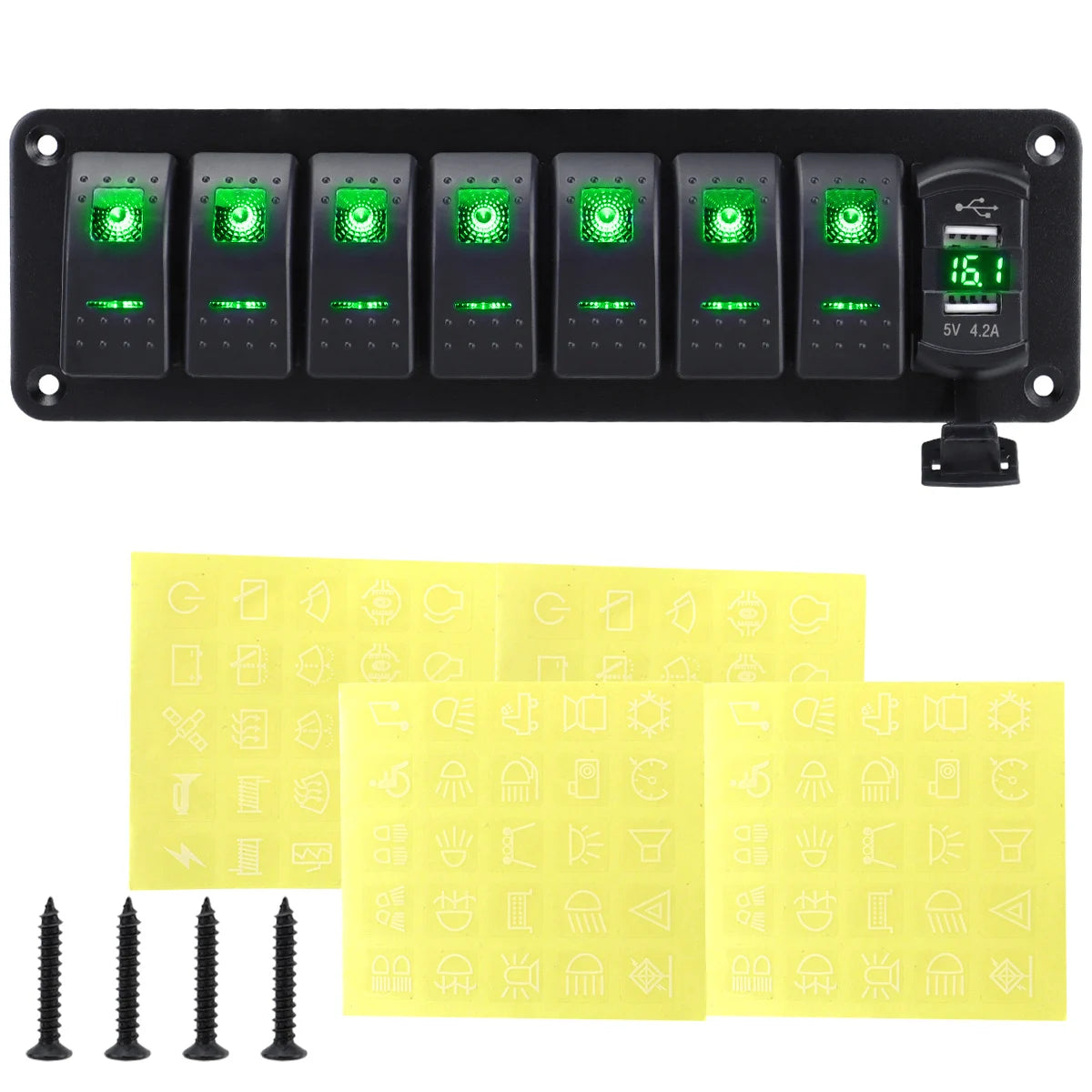 12V 24V DC 3/4/5/6/8 sets of marine control lever switch panel, with 4.8A dual USB charger voltage and sticker, green