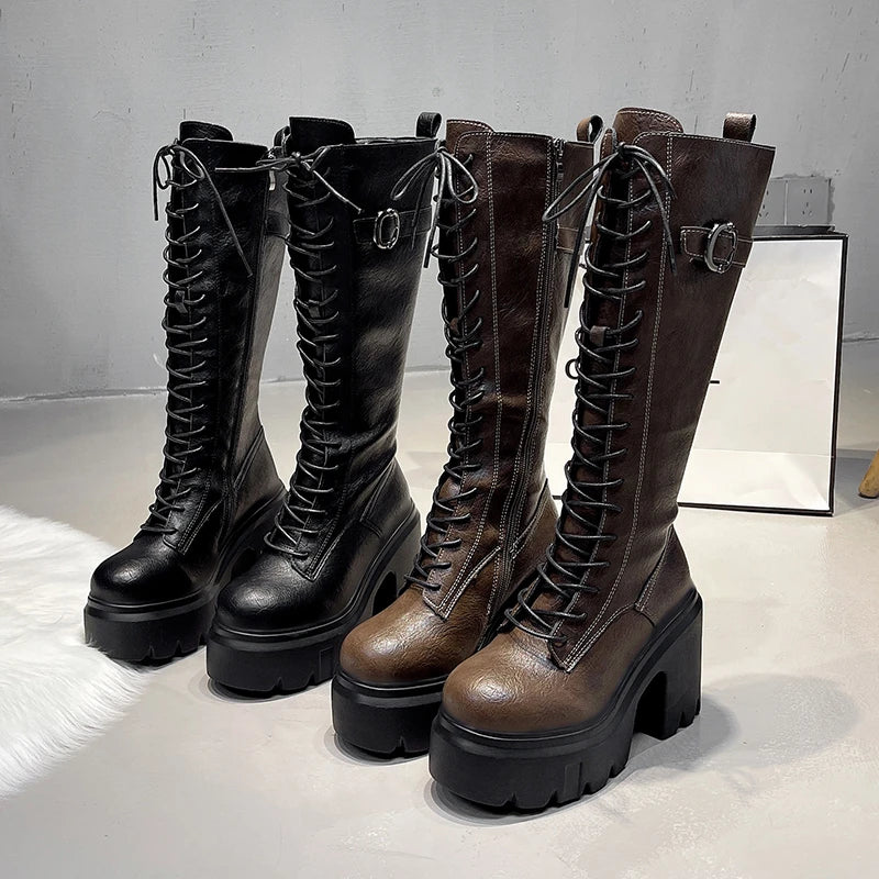 Knee High Women's Boots Lace Up High Heels Shoes Platform Chelsea Boots Winter 2025 Sexy Snow Long Boots Zip Pumps Mujer Botas