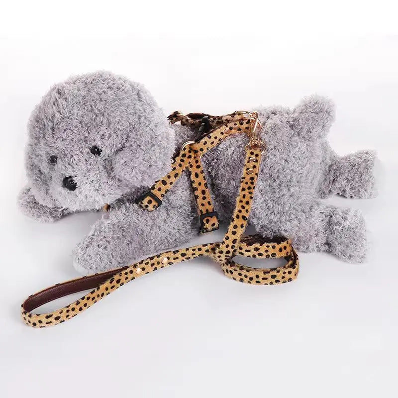 Leopard Print Dog Harness and Leash Set Adjustable - Stylish Dog Collar Pu Fashion Pet Walking Accessories for Small Dogs