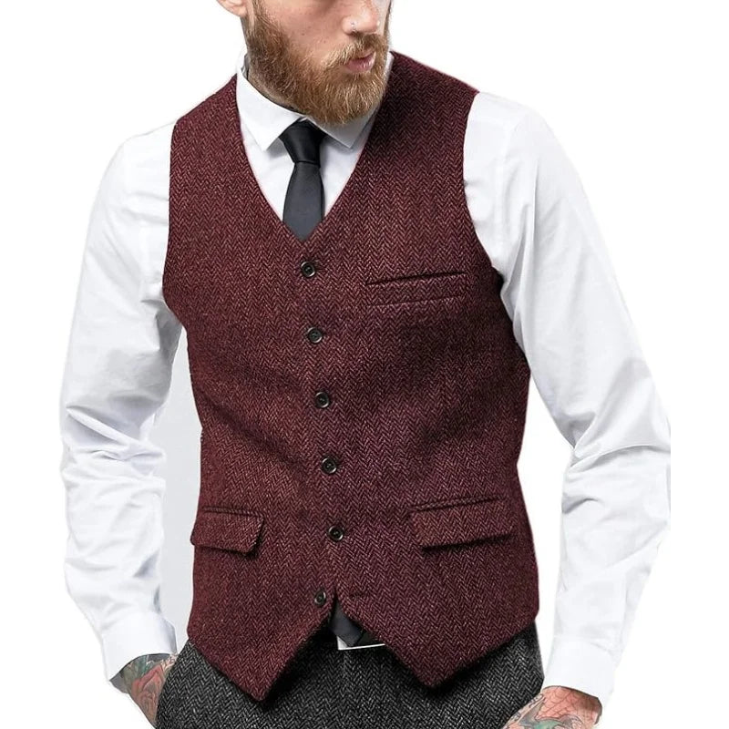 Men's Vintage Herringbone Vest | Slim Fit Wool Tweed Waistcoat for Prom/Wedding (Classic Retro Style)   Herringbone Weave