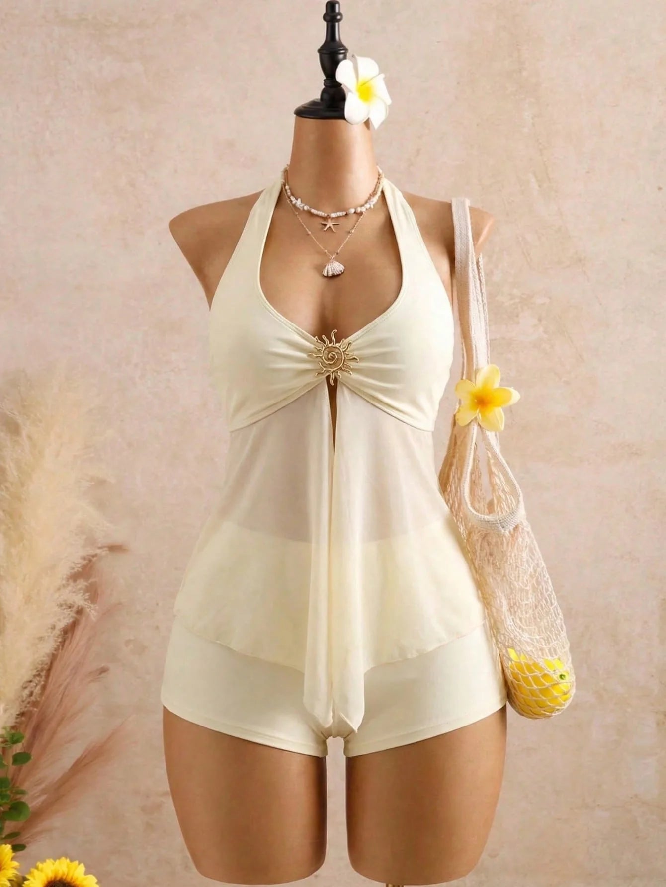 Beige Two Piece Bikini Set 2026 Women Metal Sun Ornament Mesh Tank Top High Waist Swimsuit Holiday Bathing Suit Swimwear