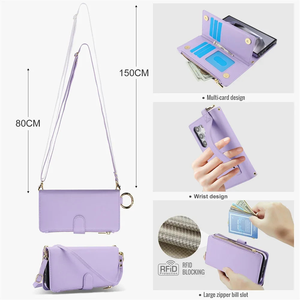 Crossbody Wallet Phone Case For Samsung Galaxy S23 S21 FE S24 S22 Plus S25 Ultra A13 A14 A15 A52 A52S A53 A54 A55 A72 A73 5G