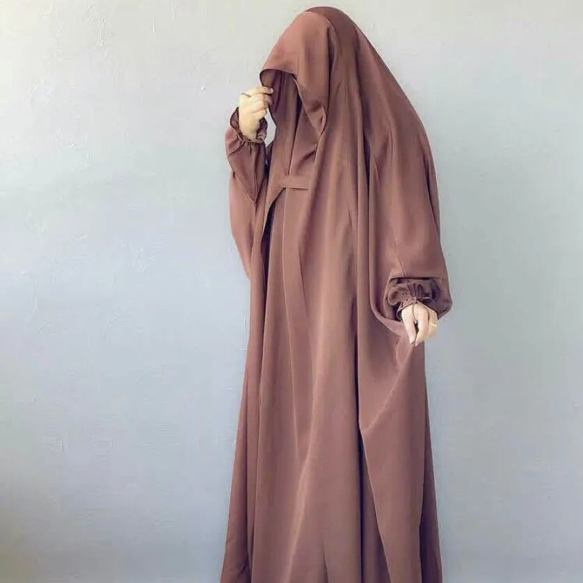 Muslim Abaya Hooded Smocking Sleeve One-piece Prayer Dress Women Jilbab Islamic Clothing Dubai Saudi Black Robe Turkish Modesty