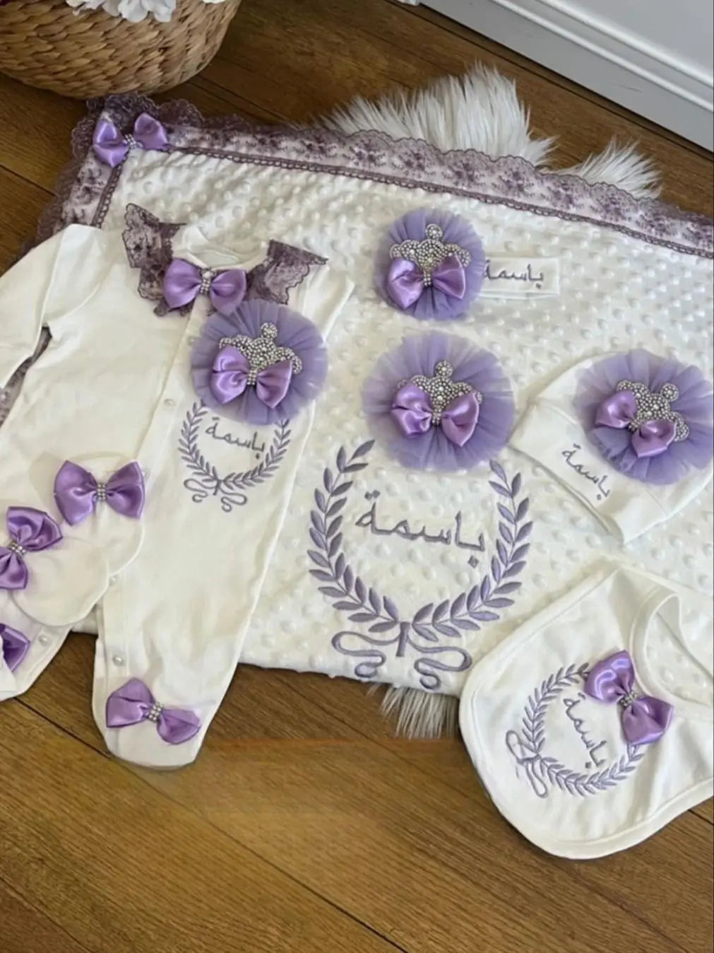 Dollbling Newborn 5pcs Layette Outfits Set Baby Tuxedo Outfit 0-3M Handmade Embroidery Wheat Jewels Crown Parajams Gift Set