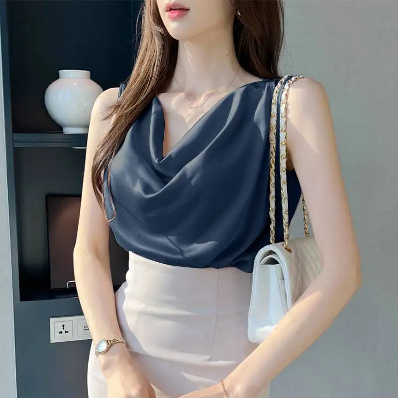 ZANZEA 2025 Elegant Korean Tanks Women Satin Silk Solid Color Sleeveless Tank Tops Fashion Sexy Office Lady Cowl Neck Camisole