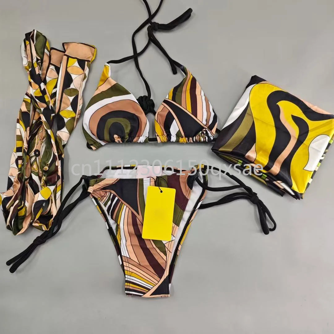 Luxury Design Women's Brown Headband Scarf Swimsuits with Letter Signature Logo Classic Brand Headband Bikini Sets Beachwear