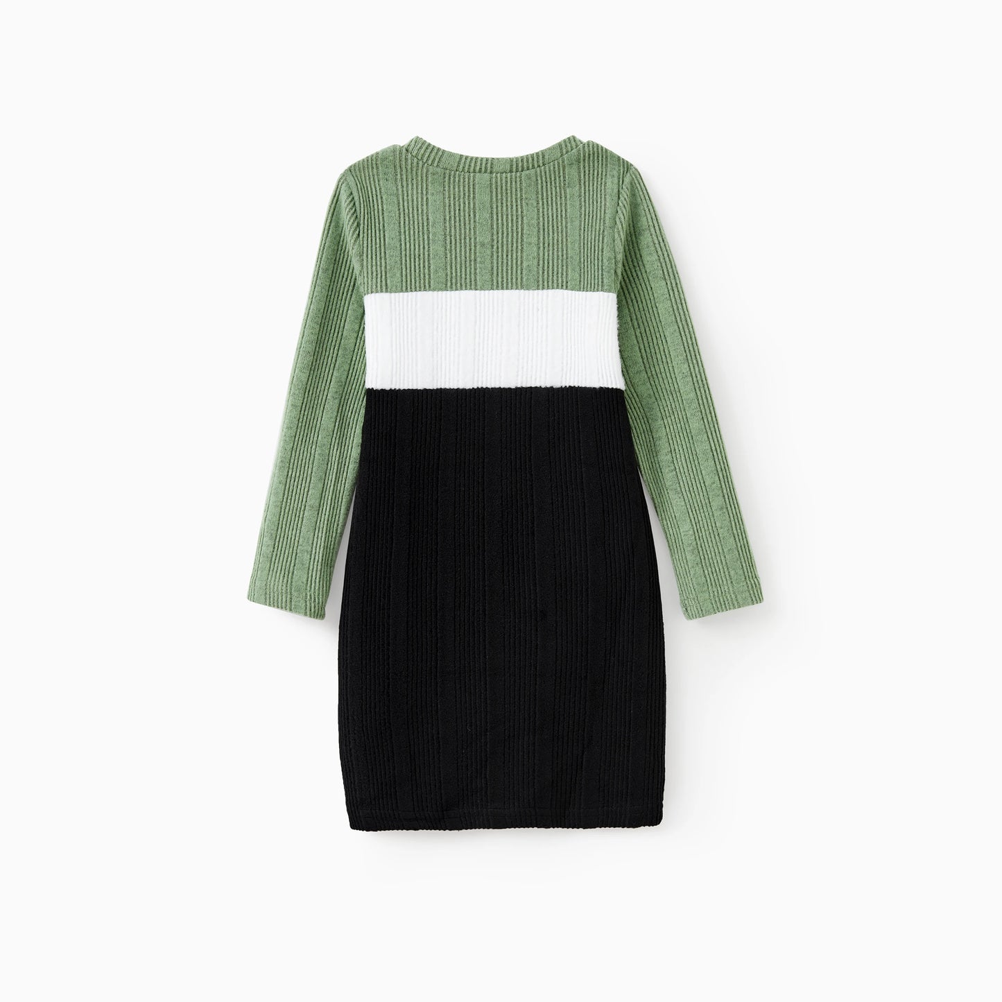 PatPat Family Matching Sets Green Color Block Long Sleeves Ribbed Tops/Dress/Romper