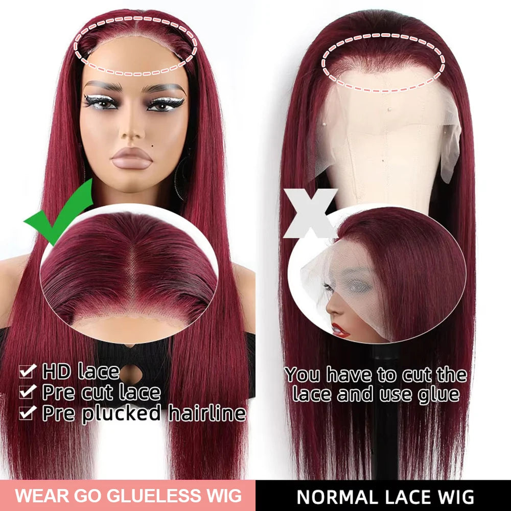 Burgundy Transparent Lace Frontal Human Hair Wig 7x5 Glueless Red 99J Straight Colored 13x4 Lace Front Human Hair Wigs For Women