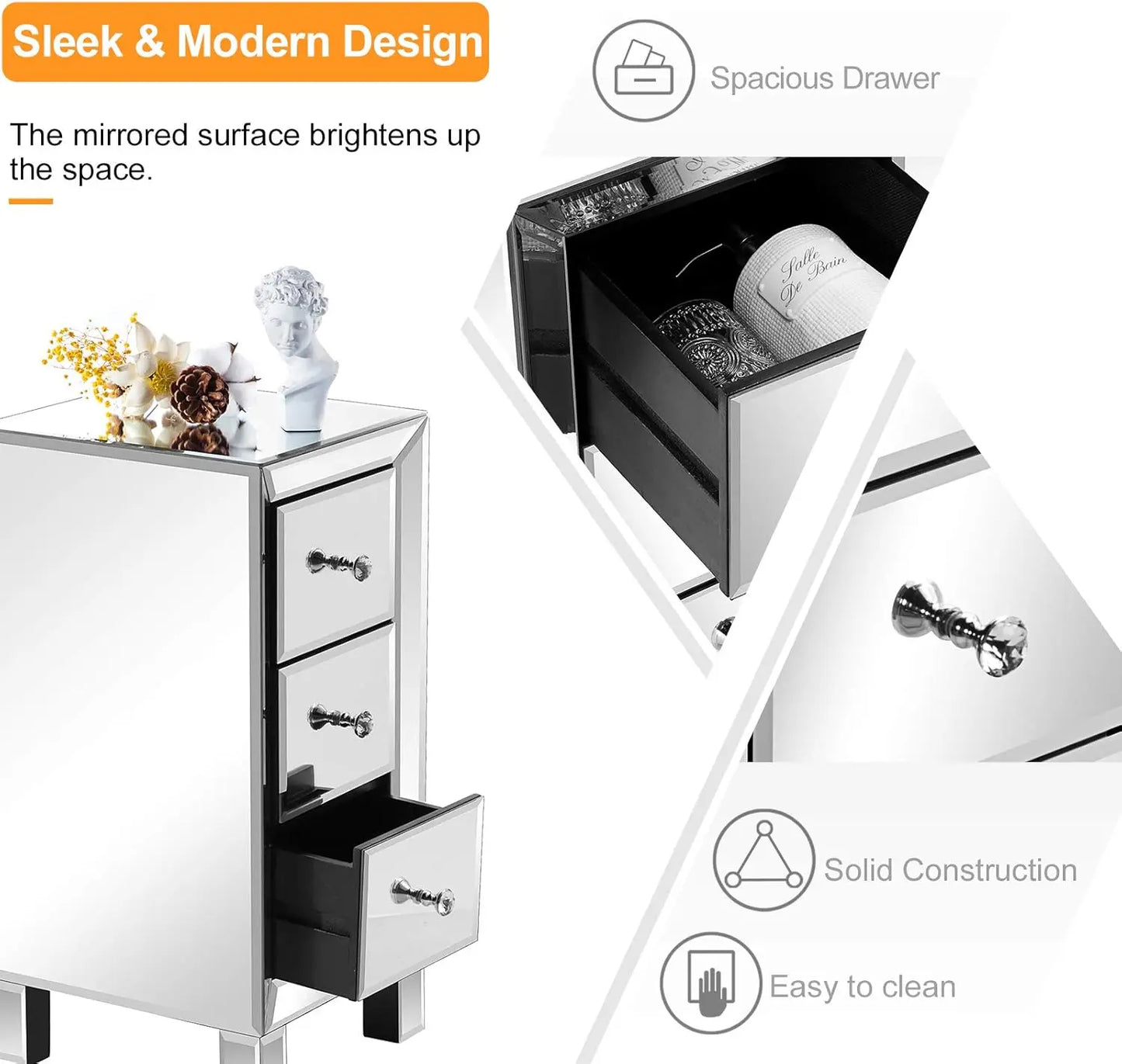 Mirrored Nightstand with 3-Drawers Silver Side End Table Mirrored Furniture for Small Space, Bedroom, Living Room