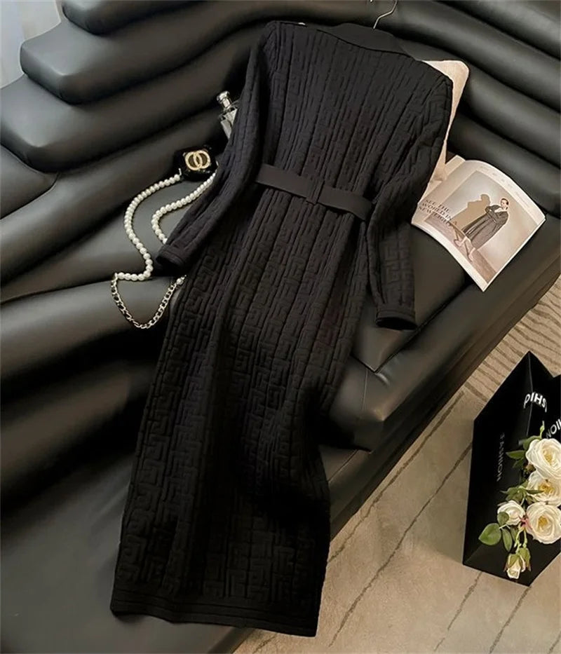 2025 Autumn Winter High-Grade Suit Collar Knitted Dress Women Fashion Double-Breasted Middle Long Over-The-Knee Sweater Vestidos