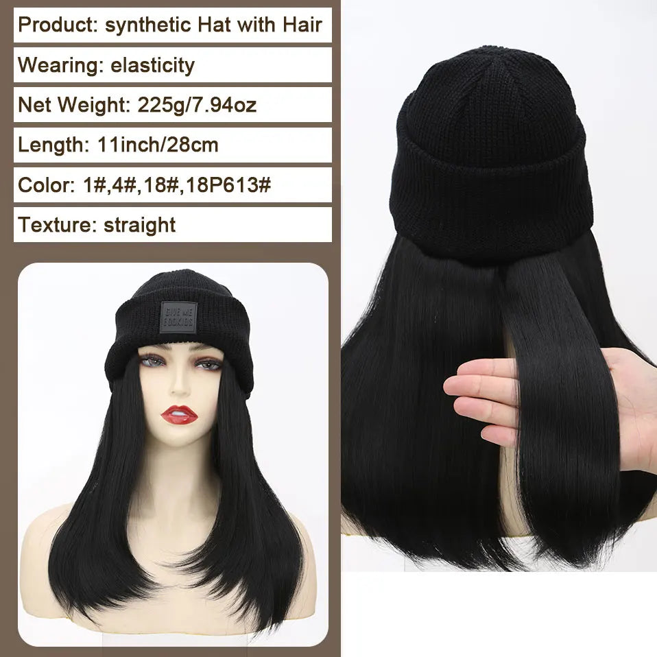 Hat Wig Knitted Beanie Wig Hat Hair Extension Straight Wig Hat Attached 11 Inch Synthetic Hairpiece for Women Girls Winter