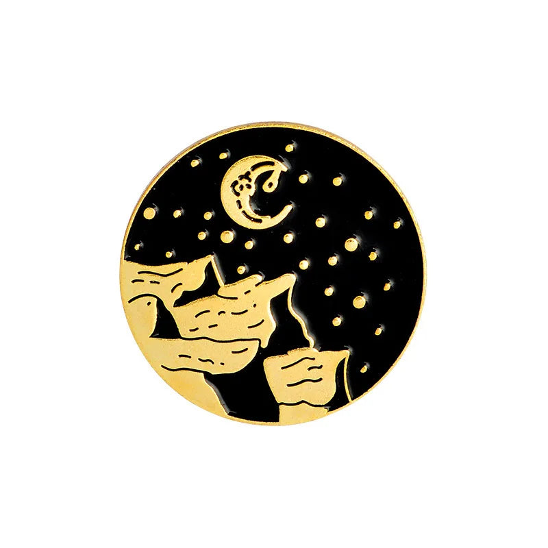 Personality Mountain Moon Sea Brooch Buckle Golden Metal Badge Bag Clothes Lapel Brooches For Women Men Kids Gifts