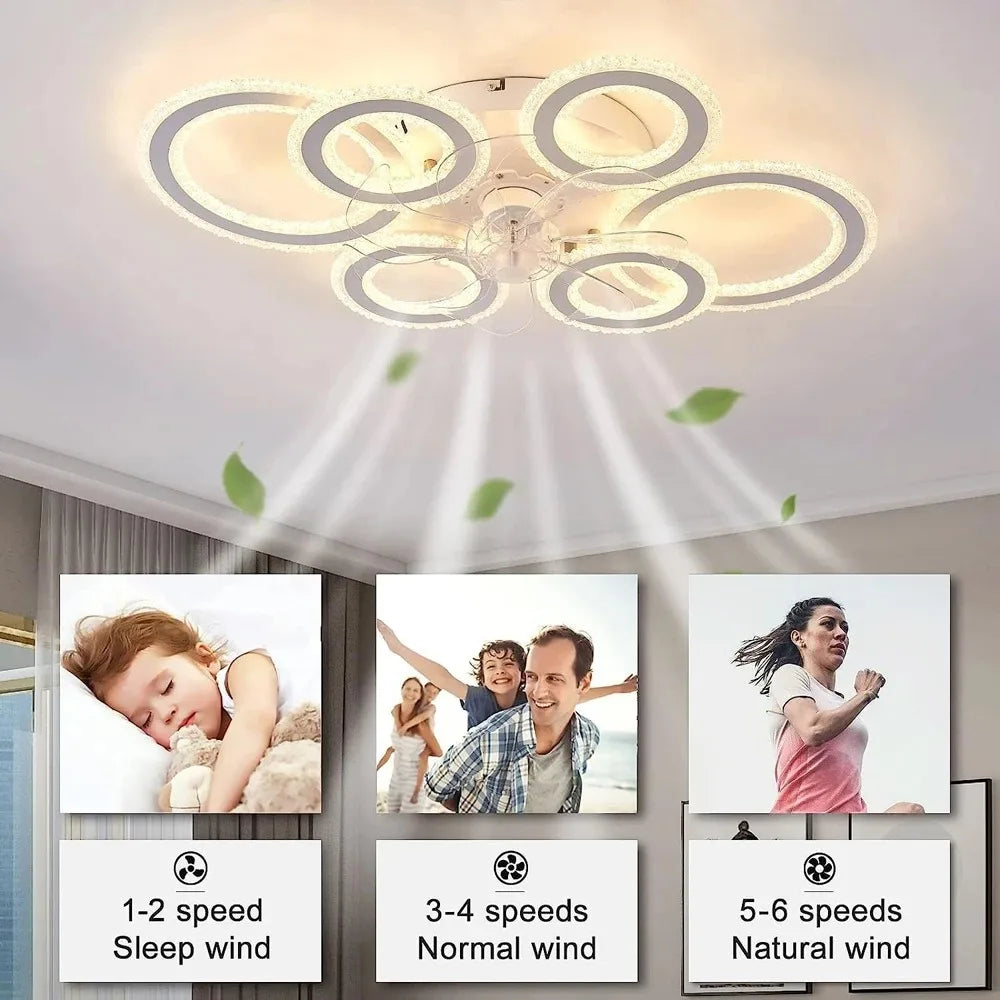 Smart Ceiling Fan with Lights Remote Control 6 Speeds Modern Circular Ring LED Fan Lamp Fixtures Kitchen Bedroom Home Fan Lamp