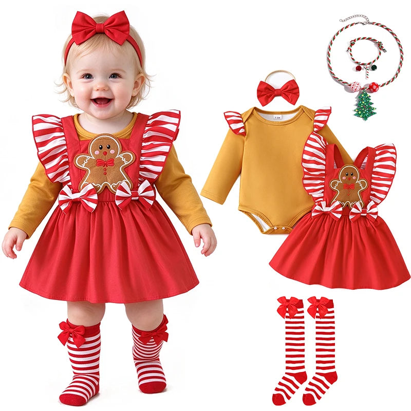 Hot Baby Girl Christmas Outfit Set Infant Toddler Gingerbread Man Costume Winter Xmas Party Holiday Celebration Newborn Clothes