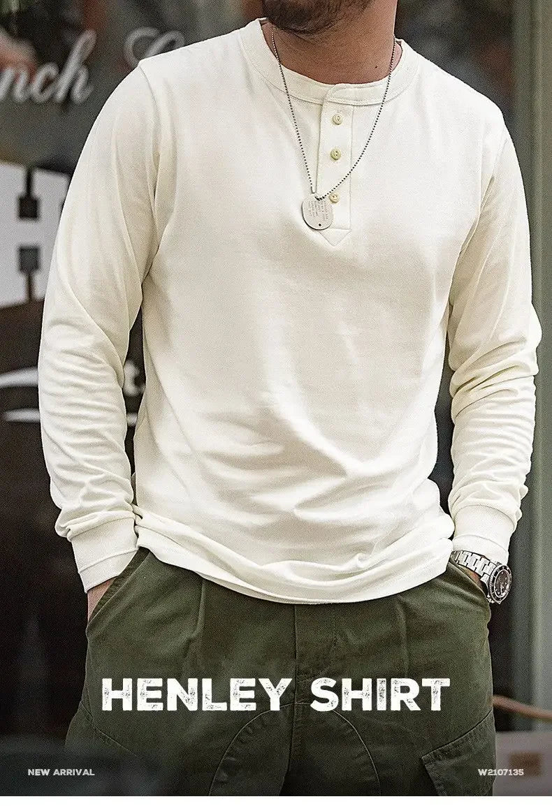 Vintage Daily Stand Neck T-shirt Men's Solid Patchwork Button Trendy Temperament Simple Cotton Long Sleeved Top JJ356