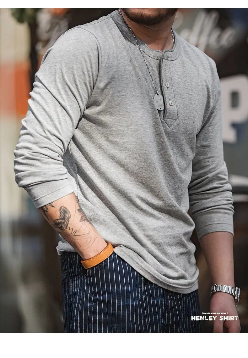 Vintage Daily Stand Neck T-shirt Men's Solid Patchwork Button Trendy Temperament Simple Cotton Long Sleeved Top JJ356