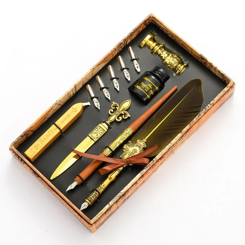 Sprinkling Gold Vintage Feather Pen Set Luxury Fountain Pen Ink Bottle Calligraphy Writing Dip Pen Nib Quill Birthday Gift Box